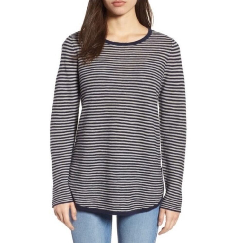 Eileen Fisher Linen & Cotton Pullover Shirt - Sz XS - Navy Blue & White Stripes